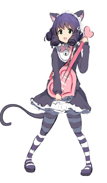 Anime picture 706x1200 with show by rock!! studio bones cyan (show by rock!!) strawberry heart icehotmilktea single tall image looking at viewer fringe blue eyes simple background standing white background holding animal ears tail long sleeves animal tail cat ears cat tail