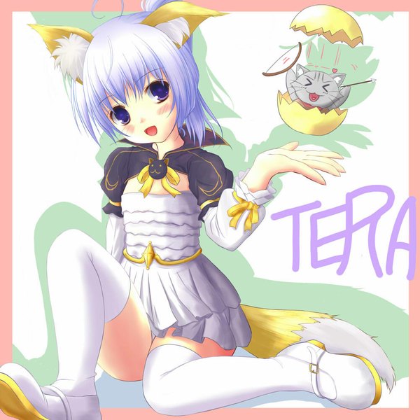 Anime picture 1000x1000 with tera online merumerume (artist) single blush short hair open mouth purple eyes animal ears blue hair animal tail flat chest girl thighhighs white thighhighs cat