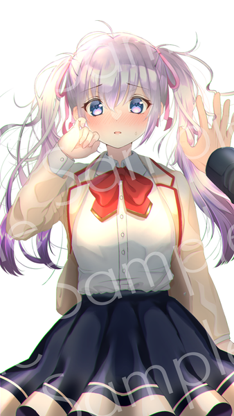 Anime picture 1303x2316 with original mellmellsmell long hair tall image looking at viewer blush fringe open mouth simple background hair between eyes white background purple eyes twintails purple hair ahoge long sleeves embarrassed watermark solo focus sweatdrop