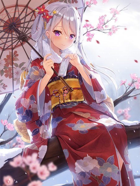 Anime picture 1500x1994 with original dango remi single long hair tall image looking at viewer blush fringe sitting holding signed payot silver hair traditional clothes japanese clothes pink eyes hair flower blurry wide sleeves cherry blossoms