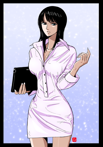 Anime picture 1280x1811 with one piece toei animation nico robin chris re5 single long hair tall image looking at viewer fringe breasts blue eyes black hair simple background standing holding signed cleavage nail polish parted lips fingernails