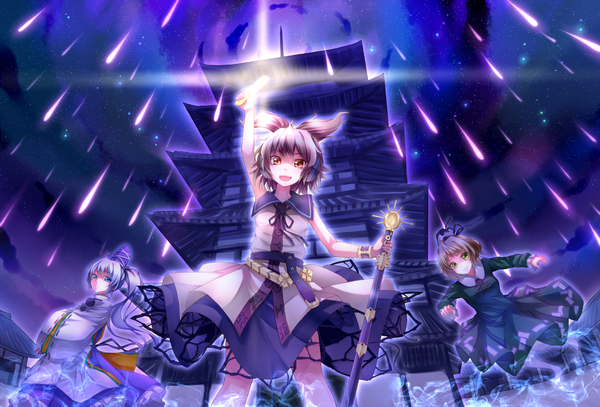 Anime picture 1800x1223 with touhou toyosatomimi no miko mononobe no futo soga no tojiko dabadhi long hair highres short hair open mouth blue eyes red eyes brown hair multiple girls holding green eyes silver hair ponytail japanese clothes arms up shooting star