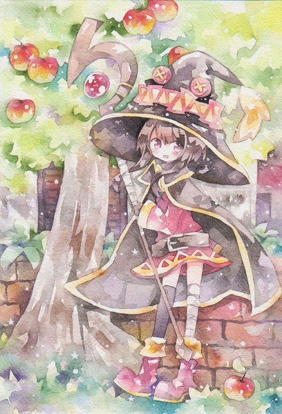 Anime picture 544x800 with kono subarashii sekai ni shukufuku wo! studio deen megumin moyo single long hair tall image blush fringe red eyes brown hair holding payot full body parted lips traditional media against wall brick wall watercolor (medium) girl