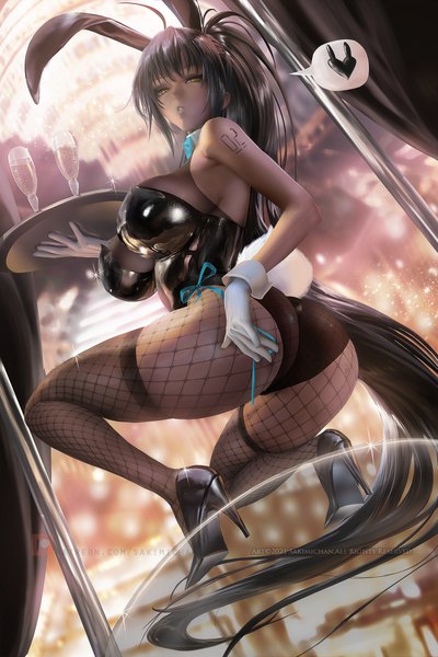 Anime picture 2400x3600 with blue archive karin (blue archive) karin (bunny) (blue archive) sakimichan single tall image looking at viewer fringe highres breasts light erotic black hair large breasts holding animal ears yellow eyes payot full body ahoge bent knee (knees)