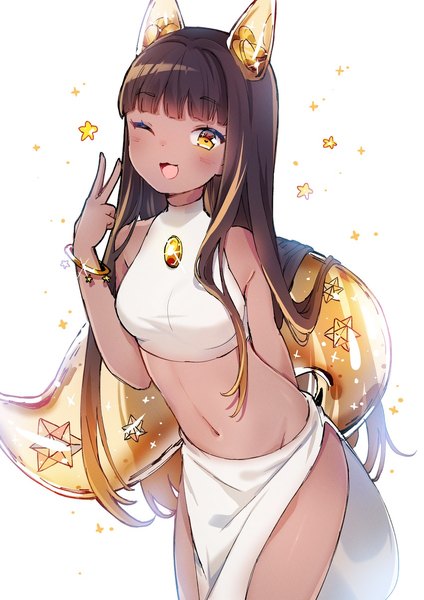 Anime picture 850x1204 with original yenkoes single long hair tall image looking at viewer fringe open mouth light erotic black hair simple background smile white background bare shoulders yellow eyes blunt bangs one eye closed wink bare belly dark skin