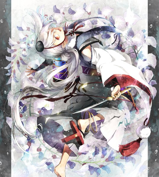 Anime picture 1100x1229 with touken ranbu nitroplus ima-no-tsurugi suzuneko-rin single tall image looking at viewer fringe open mouth red eyes silver hair full body very long hair :d hair over one eye leaning floral background boy flower (flowers) weapon