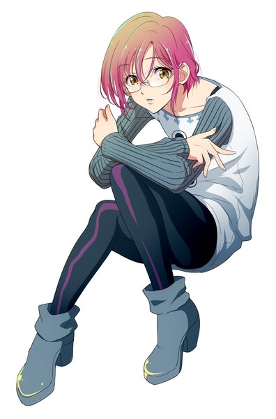 Anime picture 1000x1512 with nanatsu no taizai a-1 pictures gowther (nanatsu no taizai) natsuko (bluecandy) single tall image fringe short hair simple background hair between eyes white background sitting brown eyes looking away pink hair full body crossed arms boy pantyhose glasses