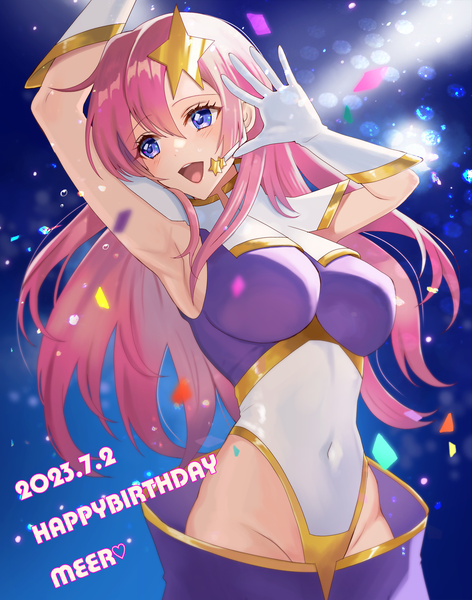 Anime picture 1200x1525 with mobile suit gundam gundam seed destiny sunrise (studio) meer campbell 184 (tatamiiwashi) single long hair tall image fringe open mouth light erotic hair between eyes purple eyes looking away pink hair :d character names covered navel dated happy birthday
