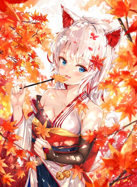 Anime picture 3059x4148 with original na kyo single tall image looking at viewer blush fringe highres short hair breasts open mouth blue eyes smile standing holding animal ears absurdres outdoors white hair tail