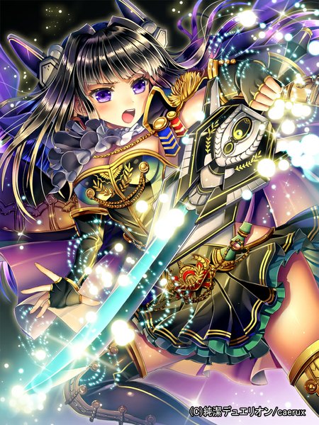 Anime picture 700x933 with junketsu duelion ells (ellsat) single long hair tall image fringe open mouth black hair purple eyes blunt bangs magic light screaming girl dress gloves weapon sword black gloves elbow gloves