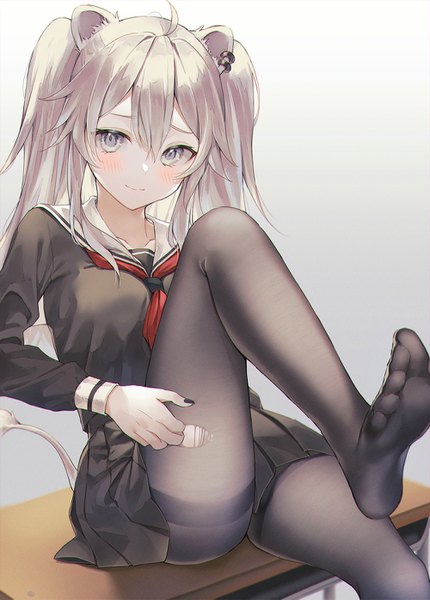 Anime picture 1000x1396 with virtual youtuber hololive shishiro botan cha chya single long hair tall image looking at viewer blush fringe breasts light erotic smile hair between eyes sitting twintails animal ears payot silver hair ahoge