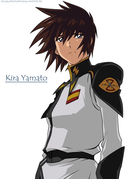 Anime picture 1800x2500 with mobile suit gundam gundam seed destiny sunrise (studio) kira yamato tall image highres short hair simple background hair between eyes brown hair white background grey eyes character names vector boy uniform military uniform