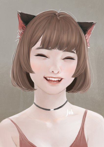 Anime picture 2480x3508 with original hana (jubi) jubi (regiana) single tall image looking at viewer fringe highres short hair simple background smile brown hair bare shoulders signed animal ears blunt bangs eyes closed cat ears realistic teeth