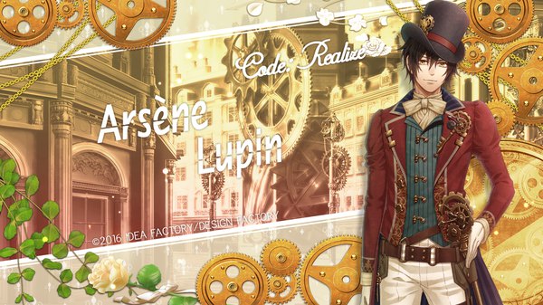 Anime picture 1920x1080 with code: realize ~sousei no himegimi~ arsene lupin (code: realize) miko (artist) single looking at viewer fringe highres short hair smile hair between eyes brown hair wide image standing brown eyes official art wallpaper character names hand on hip cityscape street
