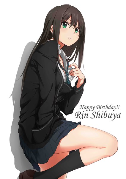 Anime picture 2893x4092 with idolmaster idolmaster cinderella girls shibuya rin yuki (sonma 1426) single long hair tall image looking at viewer blush fringe highres black hair simple background standing white background green eyes bent knee (knees) parted lips pleated skirt shadow