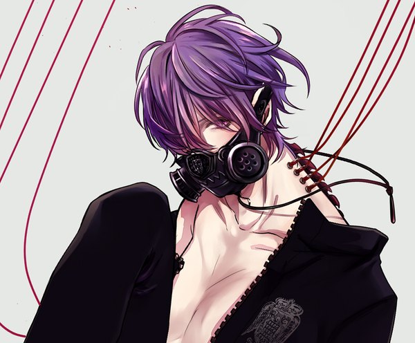 Anime picture 800x662 with lucky dog giulio di bondone komichi96 single looking at viewer fringe short hair simple background purple eyes purple hair hair over one eye grey background open clothes boy wire (wires) respirator