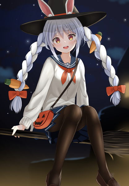 Anime picture 2693x3875 with virtual youtuber hololive usada pekora cpk prd single long hair tall image looking at viewer blush highres open mouth animal ears silver hair braid (braids) :d night orange eyes bunny ears twin braids eyebrows