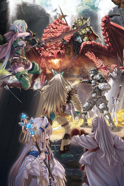 Anime picture 669x1000 with goblin slayer! white fox high elf archer (goblin slayer!) goblin slayer priestess (goblin slayer!) lizard priest (goblin slayer!) dwarf shaman (goblin slayer!) long hair tall image blush fringe short hair breasts open mouth blue eyes blonde hair hair between eyes standing multiple girls holding