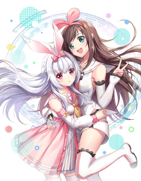Anime picture 1172x1500 with org.alie.momona virtual youtuber a.i. channel kizuna ai momona (mvv) moyu long hair tall image looking at viewer fringe open mouth smile hair between eyes brown hair standing multiple girls green eyes animal ears payot silver hair