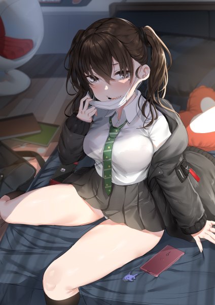 Anime picture 1736x2456 with idolmaster idolmaster cinderella girls sunazuka akira foodtoyc single long hair tall image looking at viewer blush fringe highres open mouth light erotic hair between eyes brown hair sitting twintails bent knee (knees) mole open jacket
