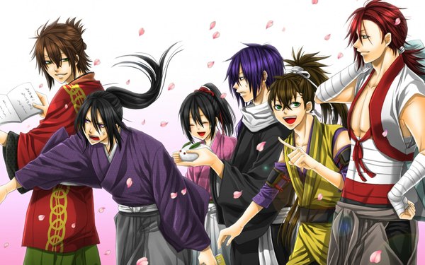 Anime picture 1680x1050 with hakuouki shinsengumi kitan studio deen saito hajime okita souji (hakuouki) chizuru yukimura hijikata toshizou (hakuouki) sanosuke harada toudou heisuke long hair blush short hair open mouth blue eyes black hair smile brown hair wide image brown eyes green eyes purple hair