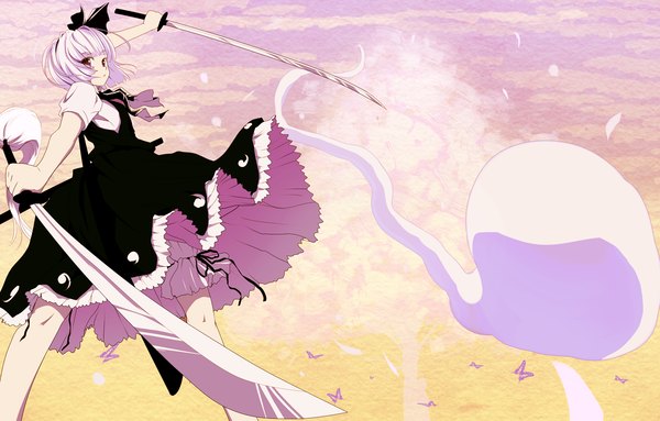 Anime picture 1200x767 with touhou konpaku youmu myon ishikkoro single short hair brown eyes white hair ghost girl dress weapon sword katana insect butterfly