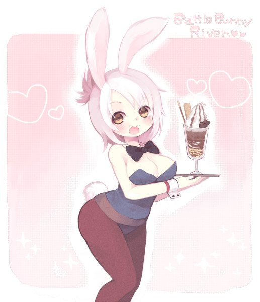 Anime picture 1034x1200 with league of legends riven (league of legends) battle bunny riven tunako single tall image looking at viewer blush short hair breasts open mouth light erotic large breasts brown eyes white hair girl food heart sweets bunnysuit