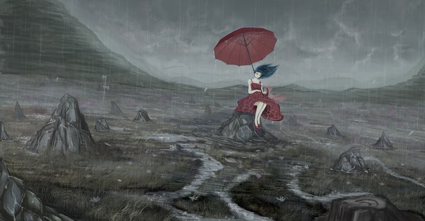 Anime picture 1600x832 with original sil (freesil) single long hair wide image sitting holding sky cloud (clouds) aqua hair rain pale skin girl dress shoes umbrella stone (stones)