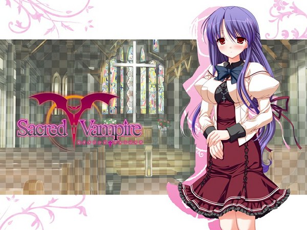 Anime picture 1024x768 with sacred vampire (game) long hair blush red eyes game cg purple hair girl dress uniform school uniform bowtie pendant jewelry cross beads prayer beads rosary