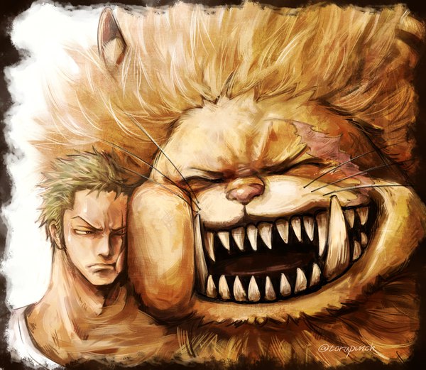 Anime picture 2048x1780 with one piece toei animation roronoa zoro nekomamushi torapunch single highres short hair open mouth smile signed looking away eyes closed one eye closed green hair multiple boys teeth twitter username scar sharp teeth