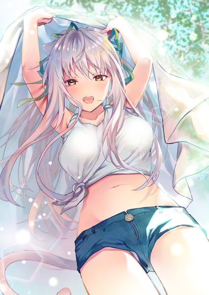 Anime picture 1075x1518 with original cocoa (cafe-hotcocoa) single long hair tall image looking at viewer blush fringe breasts open mouth light erotic smile hair between eyes standing holding animal ears yellow eyes payot silver hair ponytail
