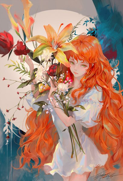 Anime picture 5439x8000 with original lizchief single long hair tall image looking at viewer fringe highres standing holding green eyes signed absurdres orange hair realistic short sleeves wavy hair girl dress flower (flowers)