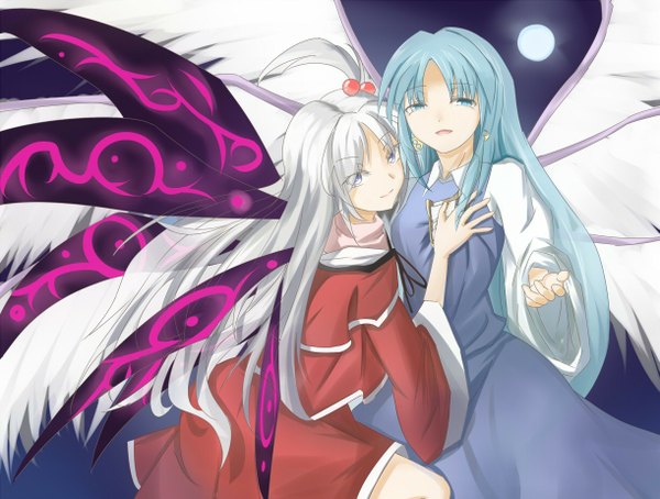 Anime picture 1221x924 with touhou shinki (touhou) sariel hisumi (artist) long hair blue eyes multiple girls blue hair white hair one side up girl 2 girls wings moon