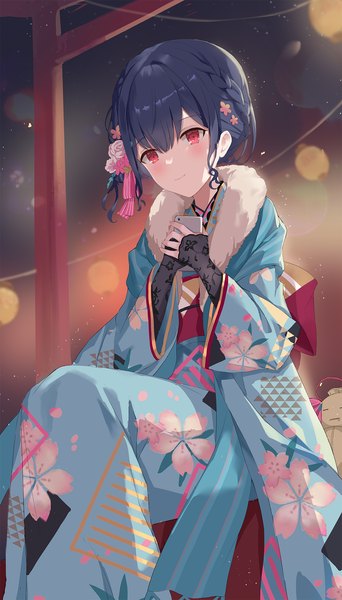 Anime picture 1140x2000 with idolmaster idolmaster shiny colors morino rinze serika single tall image fringe short hair black hair hair between eyes red eyes sitting looking away outdoors traditional clothes japanese clothes festival girl hair ornament kimono