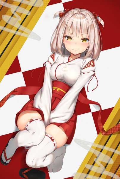 Anime picture 1012x1500 with original reinama single tall image looking at viewer blush fringe short hair breasts light erotic yellow eyes silver hair lying blunt bangs traditional clothes japanese clothes on back two side up embarrassed zettai ryouiki