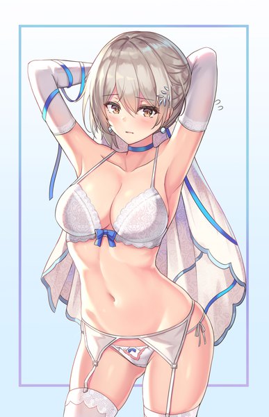 Anime picture 711x1100 with girls frontline vector (girls frontline) cenangam single tall image looking at viewer blush fringe short hair breasts light erotic simple background hair between eyes large breasts standing bare shoulders brown eyes cleavage silver hair parted lips