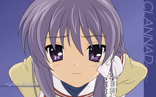 Anime picture 1920x1200 with clannad key (studio) fujibayashi kyou single long hair looking at viewer fringe highres wide image purple eyes purple hair copyright name character names face sad girl uniform school uniform