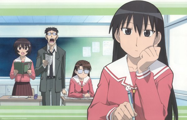 Anime picture 2452x1570 with azumanga daioh j.c. staff sakaki kagura (azumanga) mizuhara koyomi kimura long hair highres black hair brown hair brown eyes classroom girl uniform school uniform glasses serafuku