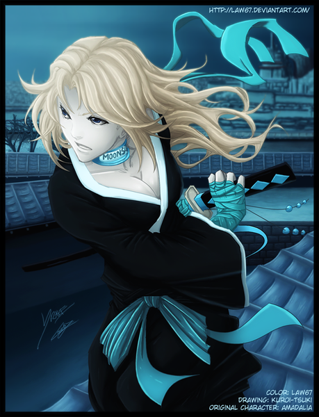 Anime picture 1024x1337 with original law67 single long hair tall image blue eyes blonde hair japanese clothes night sky coloring girl ribbon (ribbons) weapon sword belt kimono katana