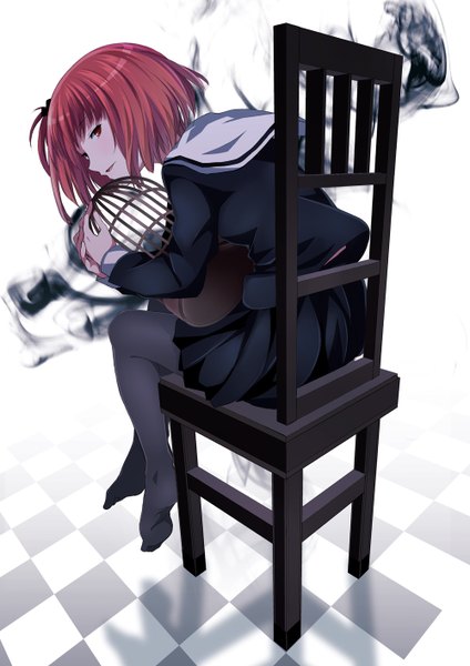 Anime picture 1000x1414 with original shichouson single tall image short hair open mouth red eyes white background red hair girl uniform school uniform chair cage