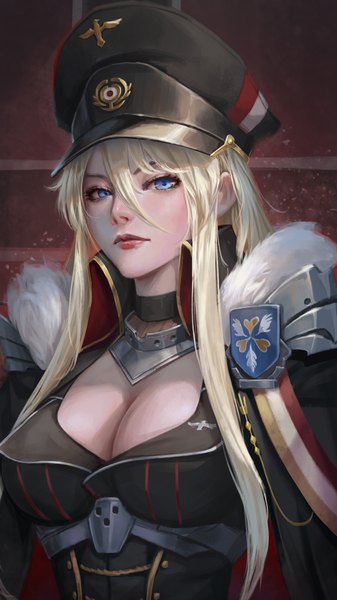 Anime picture 2480x4409 with azur lane bismarck (azur lane) azhang single long hair tall image looking at viewer fringe highres breasts blue eyes light erotic simple background blonde hair hair between eyes large breasts payot upper body lips realistic