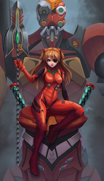 Anime picture 1153x2000 with neon genesis evangelion rebuild of evangelion evangelion: 3.0 you can (not) redo gainax soryu asuka langley shikinami asuka langley eva 02 ko-ran (artist) single long hair tall image looking at viewer blue eyes sitting twintails full body orange hair girl weapon bodysuit