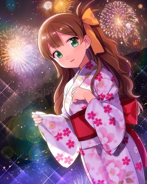 Anime picture 800x1000 with original ensemble girls (artist) single long hair tall image blush brown hair green eyes traditional clothes japanese clothes fireworks girl bow hair bow kimono