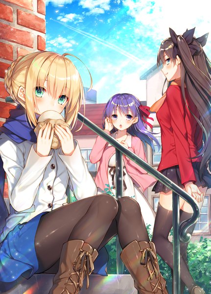 Anime picture 1053x1466 with fate (series) fate/stay night artoria pendragon (all) saber toosaka rin matou sakura toosaka asagi long hair tall image looking at viewer blush open mouth black hair blonde hair standing sitting purple eyes twintails multiple girls payot