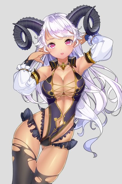 Anime picture 800x1200 with original nasubi (w.c.s) single long hair tall image looking at viewer blush fringe breasts open mouth light erotic simple background large breasts standing purple eyes bare shoulders silver hair horn (horns) pointy ears grey background