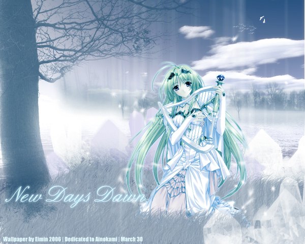 Anime picture 1280x1024 with kimizuka aoi single cloud (clouds) green hair girl dress white dress harp