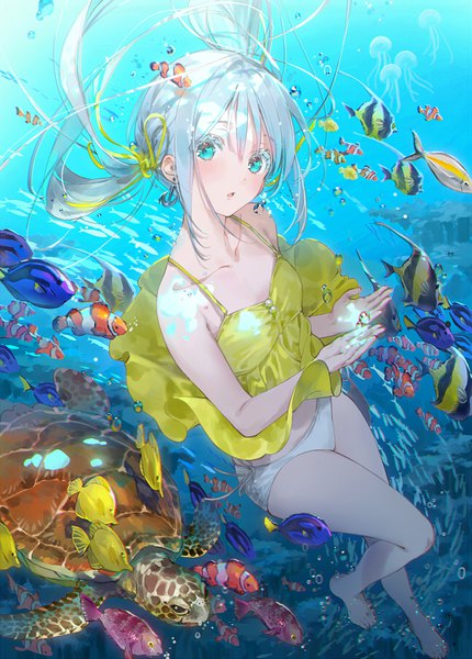 Anime picture 645x900 with original dsmile single long hair tall image looking at viewer blush fringe open mouth light erotic hair between eyes twintails payot silver hair full body bent knee (knees) head tilt barefoot aqua eyes from above