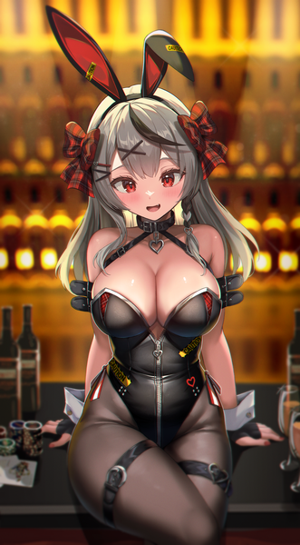 Anime picture 1104x2000 with virtual youtuber hololive sakamata chloe gomrang single long hair tall image looking at viewer blush fringe breasts open mouth light erotic black hair hair between eyes red eyes large breasts sitting animal ears indoors