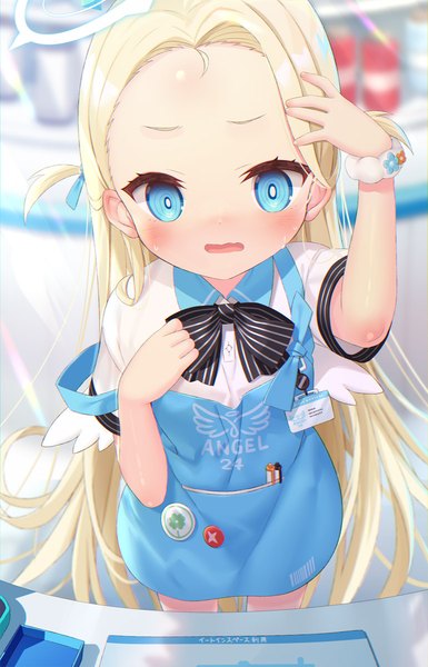 Anime-Bild 770x1200 mit blue archive sora (blue archive) yano mitsuki single long hair tall image looking at viewer blush open mouth blue eyes blonde hair standing indoors arm up from above blurry short sleeves loli sweat two side up