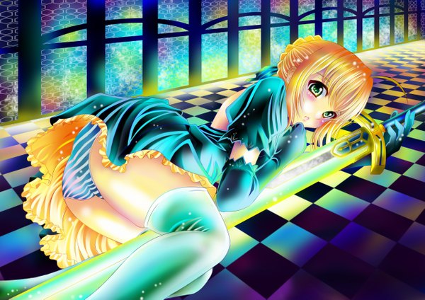 Anime picture 2521x1785 with fate (series) fate/stay night studio deen type-moon artoria pendragon (all) saber aka kitsune blush highres short hair light erotic blonde hair green eyes ass girl thighhighs gloves underwear panties weapon